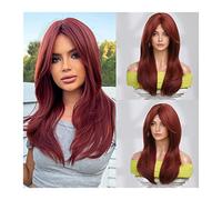 Mujer Peluca Peluca sintética de onda natural larga con flequillo de cortina, peluca de onda roja vino for mujer Pelucas 150% naturales realistas resistentes al calor for uso diario Cabello Sintético
