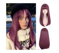 Mujer Peluca Peluca sintética de pelo liso y sedoso largo con flequillo, pelucas de color burdeos con flequillo, peluca sintética resistente al calor de aspecto natural for cosplay de fiesta diaria Ca