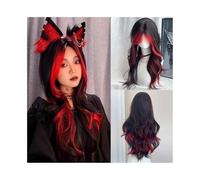 Mujer Peluca Peluca sintética larga ondulada negra con reflejos rojos y ombré, raya en medio y esponjosa for mujer Cabello Sintético