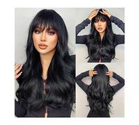 Mujer Peluca Peluca sintética ondulada larga negra Natural con flequillo for mujer, pelucas onduladas de cuerpo marrón oscuro, Cosplay, pelo diario, resistente al calor Cabello Sintético