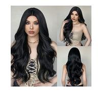 Mujer Peluca Peluca sintética ondulada larga negra, pelucas onduladas de cuerpo negro Natural for mujer, Cosplay Afro, pelo diario, parte media, resistente al calor Cabello Sintético