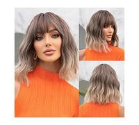 Mujer Peluca Pelucas cortas y rizadas de color marrón ceniza con raíz oscura, peluca ondulada sintética con flequillo, cabello natural, Ombre, resistente al calor, peluca Bob for mujer y niña Cabello
