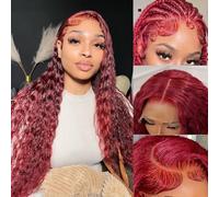 Mujer Peluca Pelucas de cabello humano con ondas profundas color burdeos, 13x4, 99J, con encaje frontal, brasileñas, con ondas al agua Cabello Sintético(18inches)