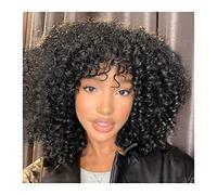 Mujer Peluca Pelucas de cabello rizado afro de 14 pulgadas for mujeres negras # 1B Peluca rizada de bomba afro negra con flequillo Fibra sintética resistente al calor Pelucas rizadas rizadas sin cola