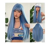 Mujer Peluca Pelucas de pelo sintético for Cosplay con reflejos azules, peluca de Halloween larga y recta colorida con flequillo for mujer, resistente al calor Afro Cabello Sintético