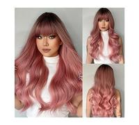 Mujer Peluca Pelucas de pelo sintético ondulado largo gris rosa con flequillo for mujeres blancas Cosplay natural onda negro ceniza rosa peluca fibra resistente al calor Cabello Sintético