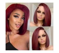 Mujer Peluca Pelucas frontales de encaje burdeos, densidad del 180%, encaje frontal transparente, sin pegamento, peluca corta recta, pelucas de cabello humano bob. Cabello Sintético(14inches)