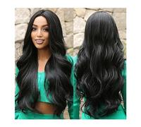 Mujer Peluca Pelucas largas sintéticas negras, parte media, peluca de pelo ondulado oscuro Natural for mujer, fiesta diaria, Cosplay, fibra resistente al calor Cabello Sintético