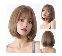 Mujer Peluca Pelucas sintéticas cortas y rectas de color marrón dorado con flequillo, pelo de Lolita Natural for mujer, peluca de Cosplay for fiesta Bob, fibra resistente al calor Cabello Sintético
