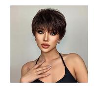 Mujer Peluca Pelucas sintéticas de color marrón oscuro de corte corto Peluca de capas rectas naturales con flequillo esponjoso for mujeres Cabello resistente al calor diario Cabello Sintético