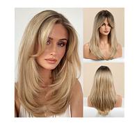 Mujer Peluca Pelucas sintéticas largas y rectas con raíces oscuras, Ombre Black Blonde Ash Pelucas con flequillo 20 "Moda resistente al calor Pelucas for mujeres Uso diario en fiestas Cabello Sintétic