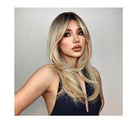 Mujer Peluca Pelucas sintéticas rectas doradas y rubias largas for mujer, peluca de pelo en capas Natural de longitud media, flequillo lateral, Cosplay diario, resistente al calor Cabello Sintético