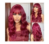 Mujer Peluca Pelucas sintéticas rizadas largas de color rojo vino borgoña con flequillo, peluca ondulada de Cosplay de longitud media for mujeres, cabello Afro Natural resistente al calor Cabello Sint