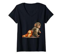 Mujer Peluche Monkey Punch Baby Macaque Little Punch Big Cute Love Camiseta Cuello V