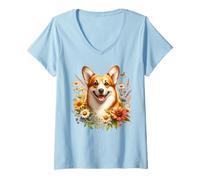 Mujer Pembroke Welsh Corgi, flores silvestres de verano, bonitas flores florales Camiseta Cuello V