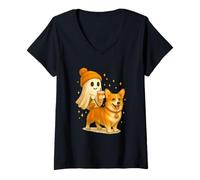 Mujer Pembroke Welsh Corgi Halloween Ghost Walking Dog Camiseta Cuello V