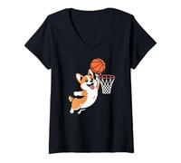 Mujer Pembroke Welsh Corgi Playing Sports Dog Palying Basketball Camiseta Cuello V