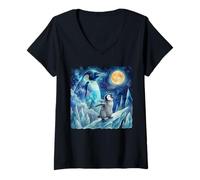 Mujer Penguin Howling at The Moon Arctic Night Sky Animal Art Camiseta Cuello V