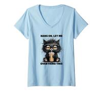 Mujer Pensar Demasiado Café Helado Humor felino Divertido Camiseta Cuello V
