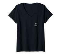 Mujer Pequeño Ancla (Blanco Vintage) Barco y Vela Ancla Camiseta Cuello V