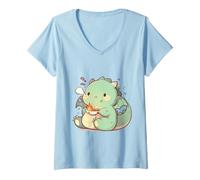 Mujer Pequeño T-Rex con Palillos Chibi Ramen Lindo Arte Adorable Camiseta Cuello V