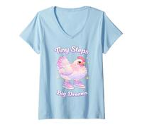 Mujer Pequeños Pasos Grandes sueños Lindo Pollo estética Motivacional Camiseta Cuello V