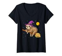 Mujer Perezoso Bruja Montando Escoba Halloween Aterrador Divertido Camiseta Cuello V