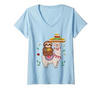 Mujer Perezoso Montando Llama Fiesta Mexicana Cinco De Mayo México Camiseta Cuello V