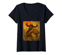 Mujer Perezoso Ninja Montando Dragón Samurai Japonés Lucha Ukiyo-e Camiseta Cuello V