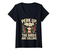 Mujer Perk Up The Birds Are Calling Aves y Café Retro Camiseta Cuello V