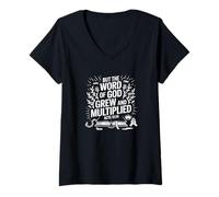 Mujer Pero la Palabra de Dios creció Hechos 12 Escrituras Diseño de Poder Camiseta Cuello V