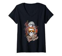 Mujer Pero, ¿moriste? Bun desordenado calavera Halloween Camiseta Cuello V
