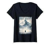 Mujer Pero por qué - Tendencia de pingüino nihilista Meme Trendy Camiseta Cuello V