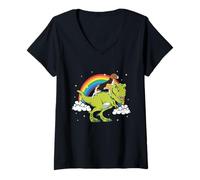 Mujer Perro Beagle Dinosaurio Tyrannosaurus T-Rex Arcoíris Nube Camiseta Cuello V