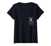 Mujer Perro Boston Terrier en Bolsillo asomando Lindo Cachorro Perro Camiseta Cuello V
