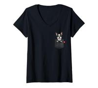 Mujer Perro Boston Terrier en Bolsillo asomando Lindo Cachorro Perro Camiseta Cuello V