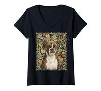 Mujer Perro bóxer Brindle Style William Morris Camiseta Cuello V