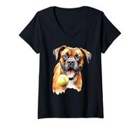 Mujer Perro Boxer con Bola Acuarela Camiseta Cuello V