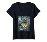 Mujer Perro bóxer Moon Howling Starry Night Van Gogh Art Style Dog Camiseta Cuello V