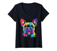 Mujer Perro Bulldog Francés Colorido Pop Art Arco Iris Colores Camiseta Cuello V