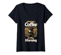 Mujer Perro Cachorro Labrador Negro Dulce y Taza de café por la mañana Camiseta Cuello V