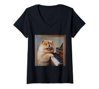 Mujer Perro con piano Chow Chow Camiseta Cuello V