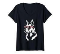 Mujer Perro Cool con Gafas Rojas Ilustración para Amante Animal Camiseta Cuello V