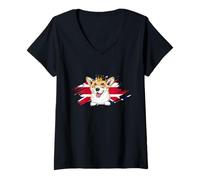 Mujer Perro Corgi británico con Corona y Bandera del Reino Unido Londres Inglater Camiseta Cuello V
