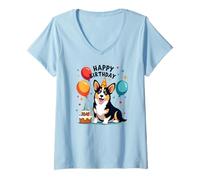 Mujer Perro Corgi Negro y Tostado, ¡Feliz cumpleaños! Camiseta Cuello V