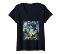 Mujer Perro de montaña de Berna Luna Aullando Noche Estrellada Van Gogh Camiseta Cuello V