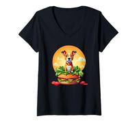 Mujer Perro divertido sentado sobre hamburguesa con lechuga Camiseta Cuello V