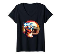 Mujer Perro en Las ruinas del Partenón en Grecia con una Bandera Griega Camiseta Cuello V