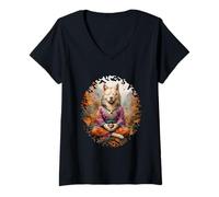 Mujer Perro espiritual medita en un bosque de autum 1 - Fan Fun Camiseta Cuello V