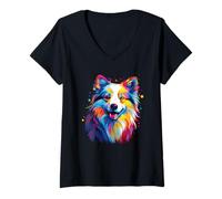 Mujer Perro Esquimal Americano Colorido Acuarela Camiseta Cuello V